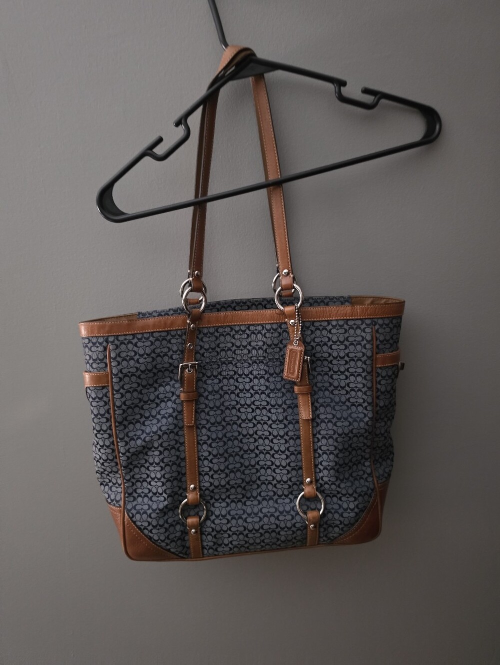 Coach Hampton Signature Tote Navy Blue Tan Leather Monogram Bag F11527
